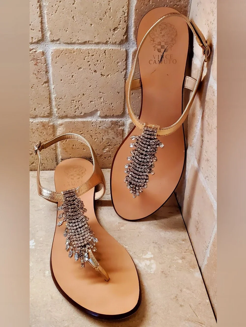 T-strap Flat Women's Sandals Size 10 Gold Leather with Crystal Embellishments